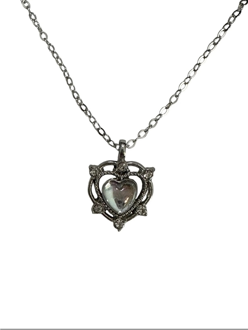 Clear Stone, CZ & Sterling Silver Heart Necklace